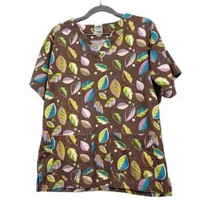Ua Scrub Top Size Medium Fall Leaves Nursing Brown Green Women's Shirt